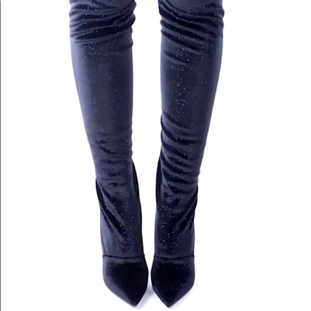 NEW BALMAIN AMAZONE Tall Thigh High Black Velvet Leather Boots EU 39.5
